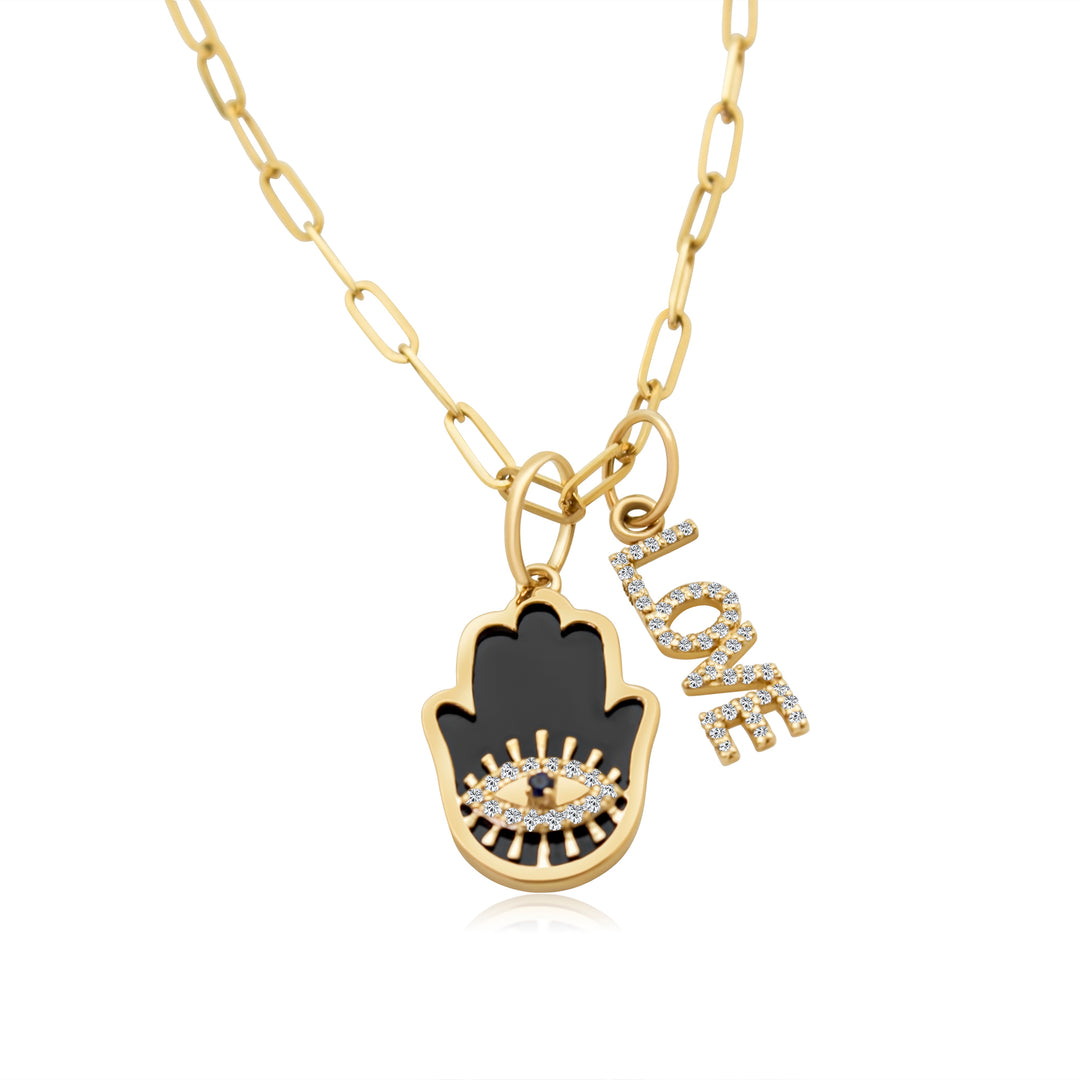 Onyx Hamsa with Diamond Sapphire Evil Eye Charm