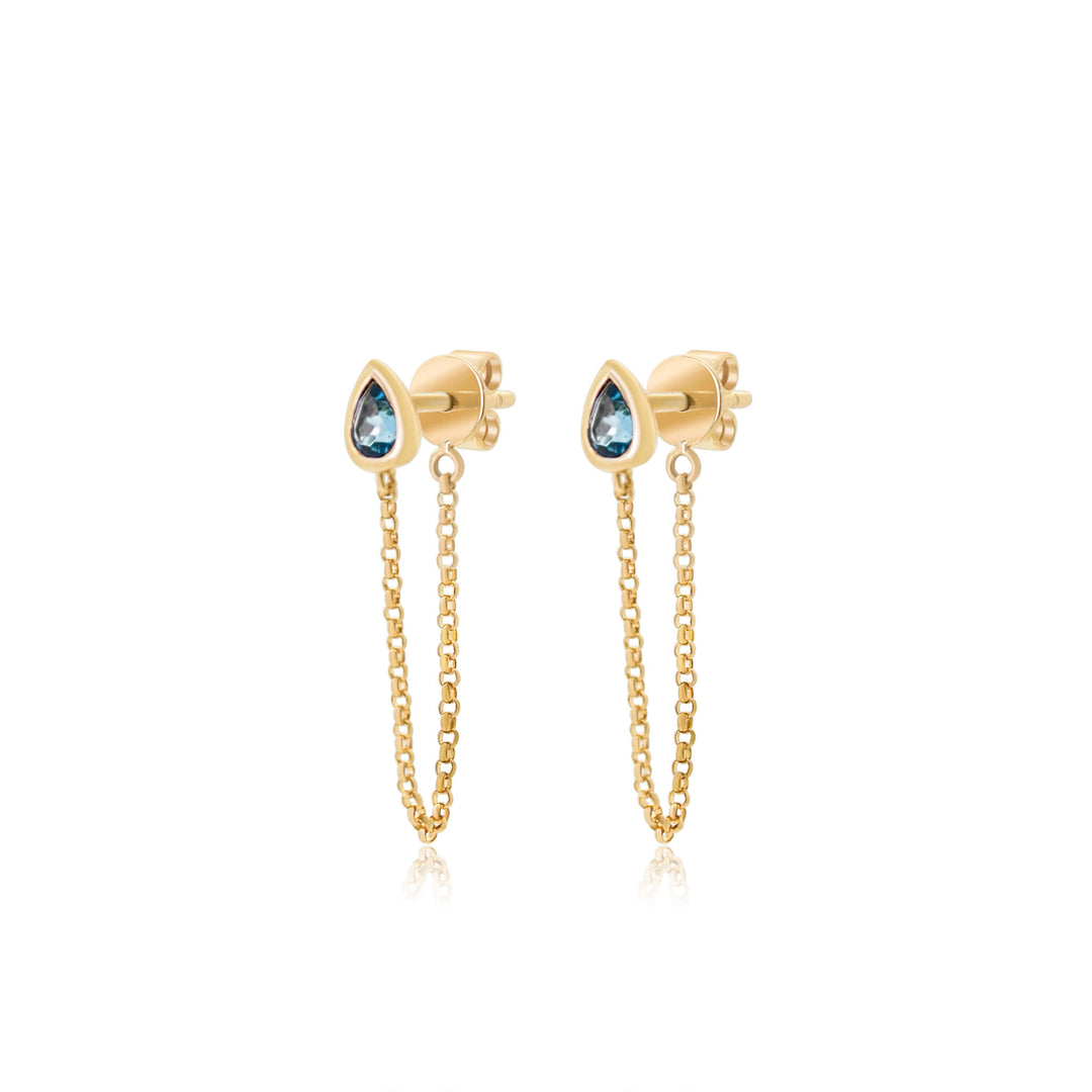Bezel Pear London Blue Topaz Stud with Front to Back Chain