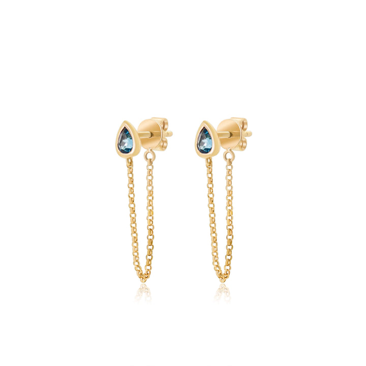 Bezel Pear London Blue Topaz Stud with Front to Back Chain