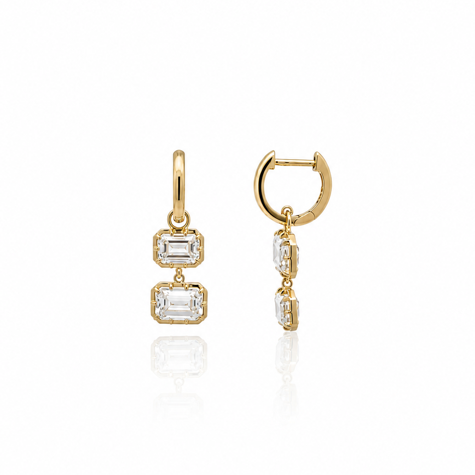 Asymmetrical Double Emerald Cut Diamond Huggies