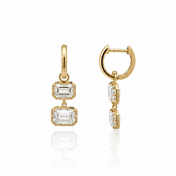 Asymmetrical Double Emerald Cut Diamond Huggies