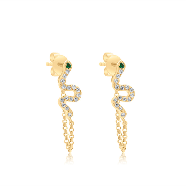 Diamond Emerald Snake on Chain Studs