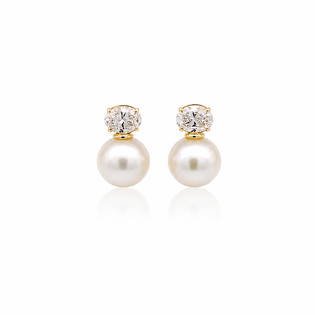 Oval Diamond Pearl Drop Earrings
