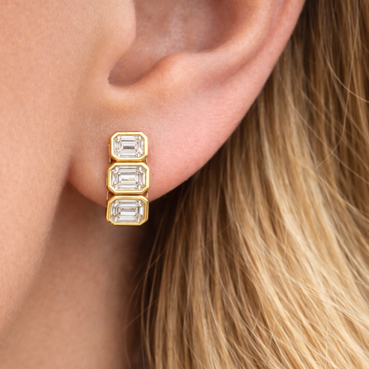 Horizontal Triple Emerald Diamond Huggies