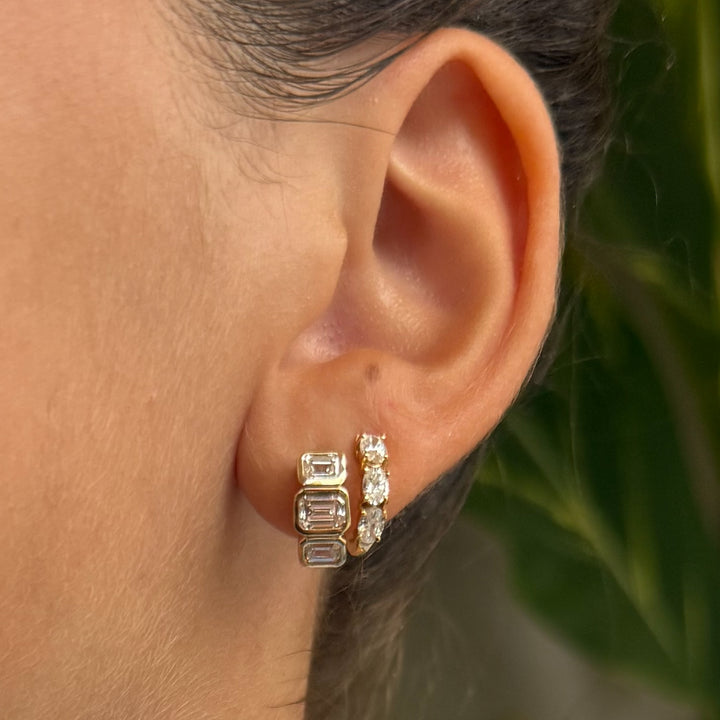 Horizontal Triple Emerald Diamond Huggies