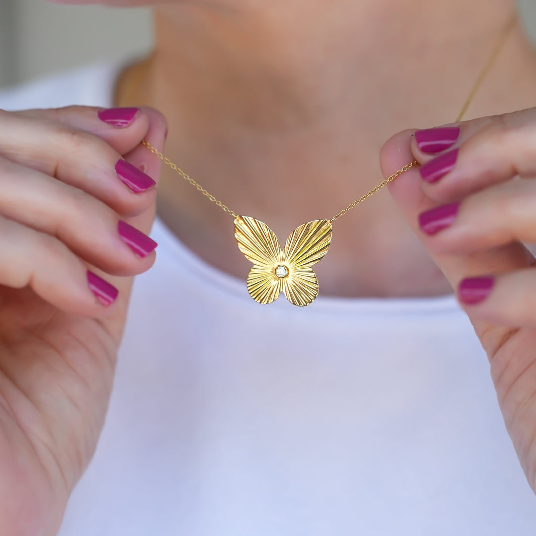 Oversized Fluted Diamond Butterfly Necklace