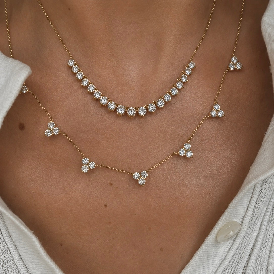 Three Prong Graduated Half Diamond Tennis Necklace