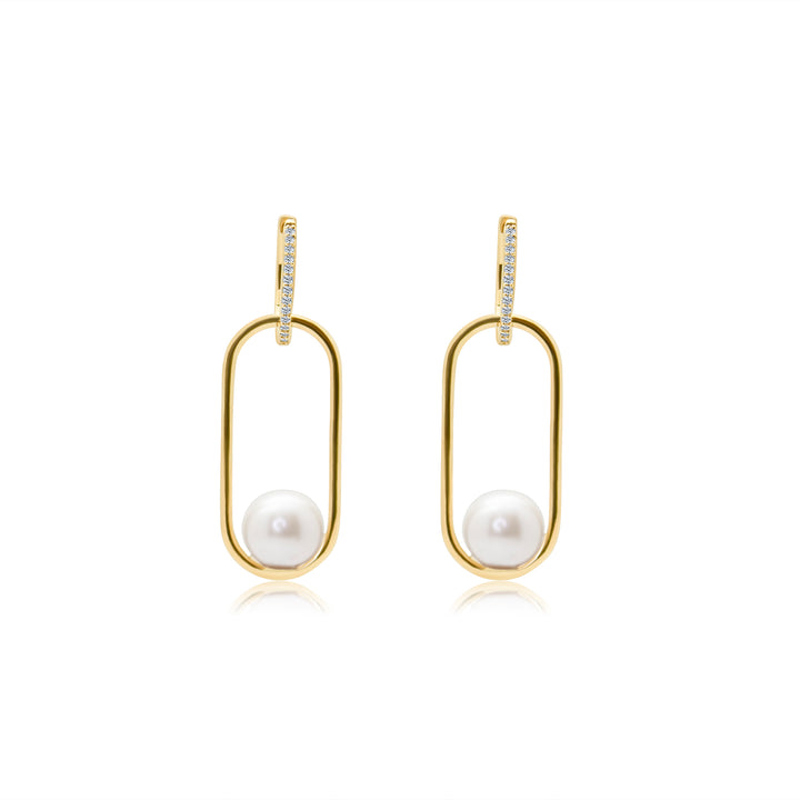 Diamond Huggies with Gold Oval Pearl Dangle Earring