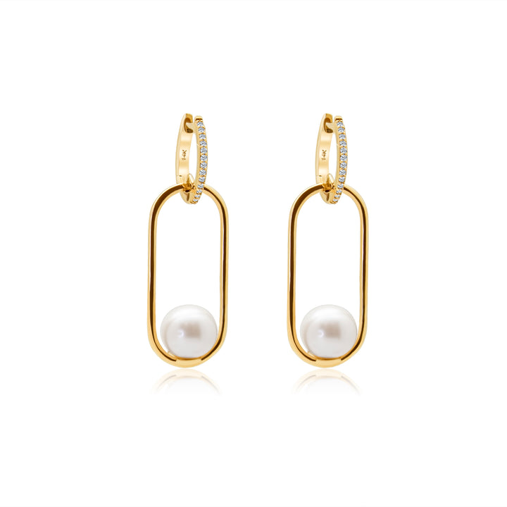 Diamond Huggies with Gold Oval Pearl Dangle Earring