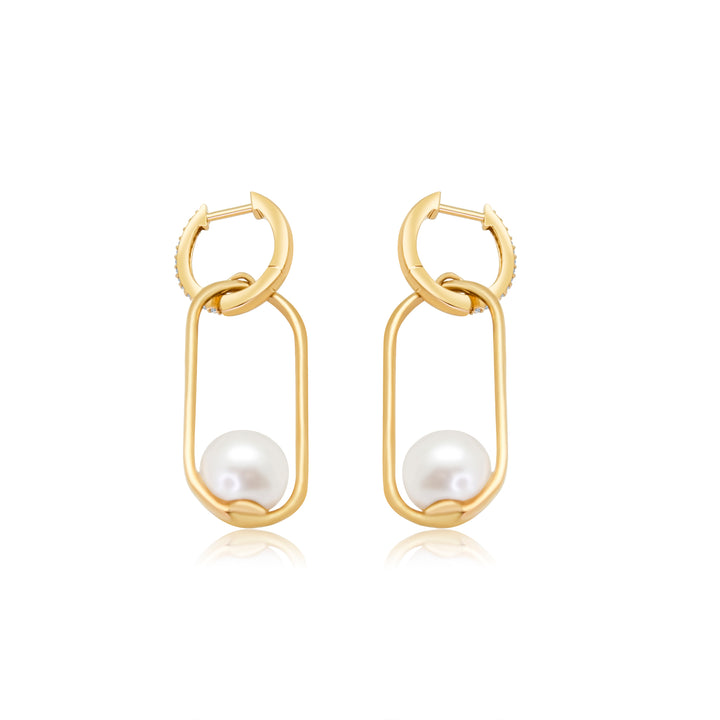 Diamond Huggies with Gold Oval Pearl Dangle Earring