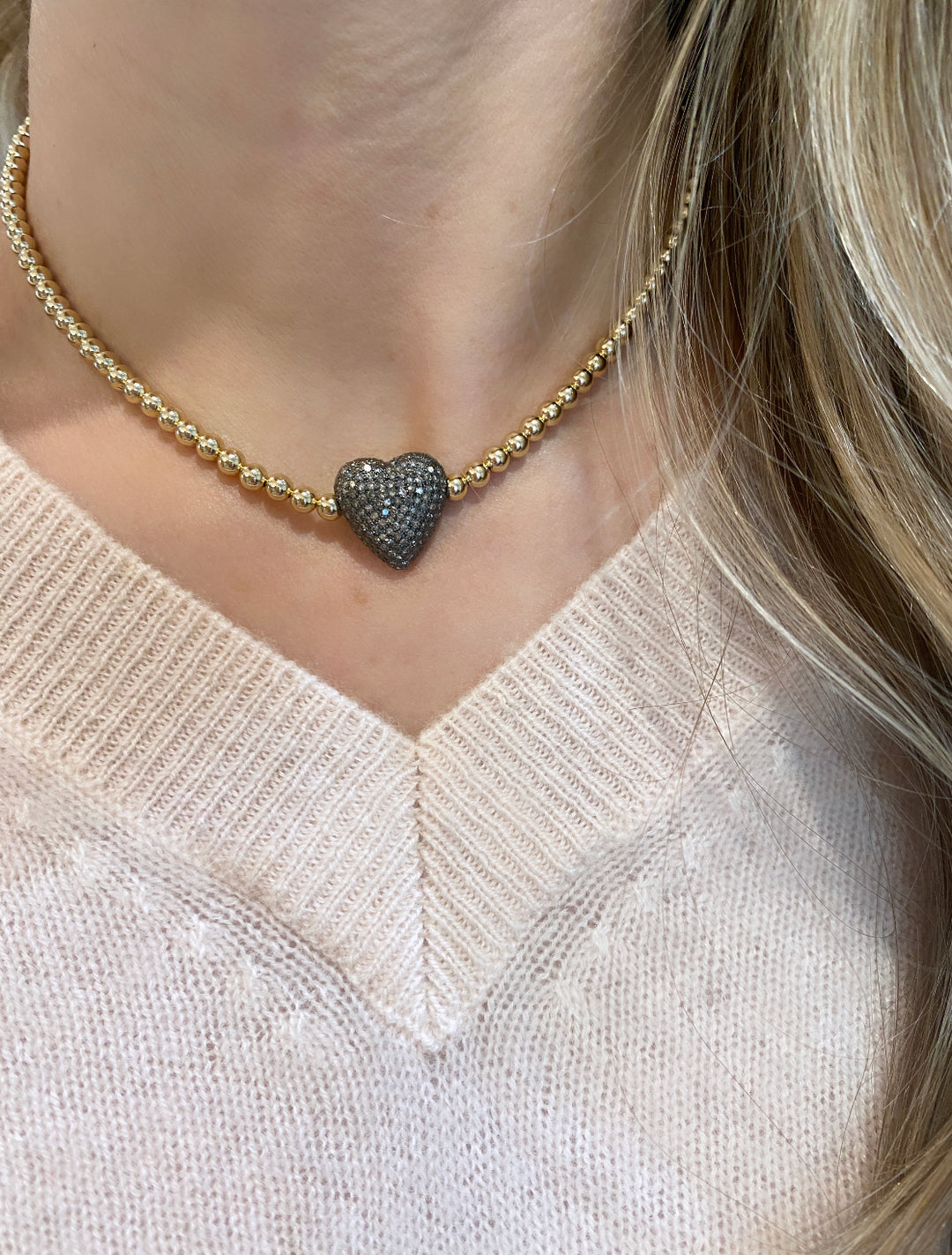 Gold Bead Necklace with Oversized Diamond Heart