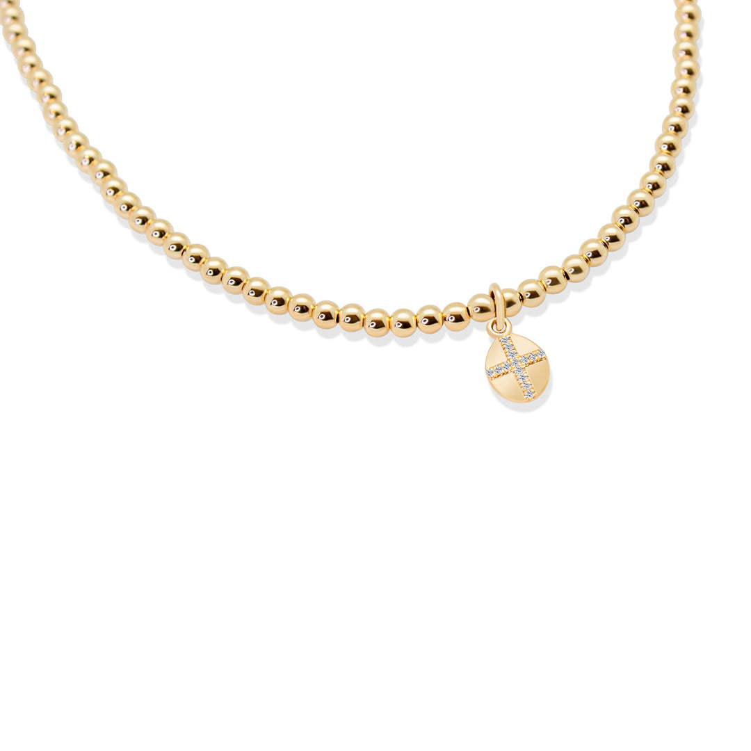 Gold Bead with Diamond Cross on Disc Necklace