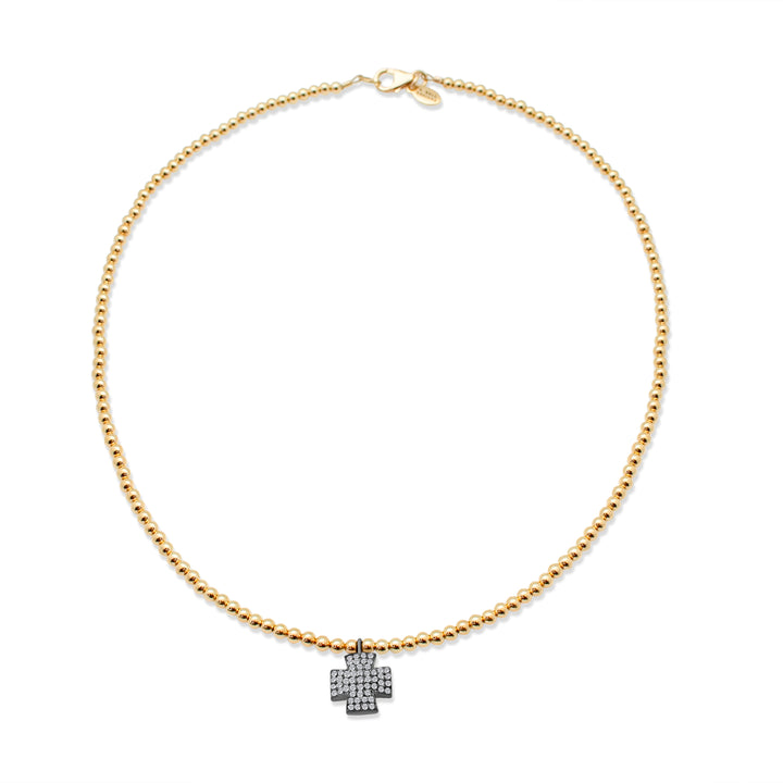 Gold Bead Necklace with Diamond Cross