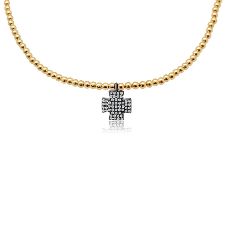 Gold Bead Necklace with Diamond Cross