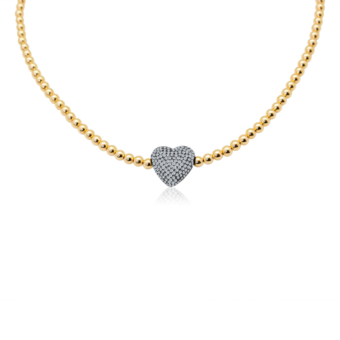 Gold Bead Necklace with Oversized Diamond Heart