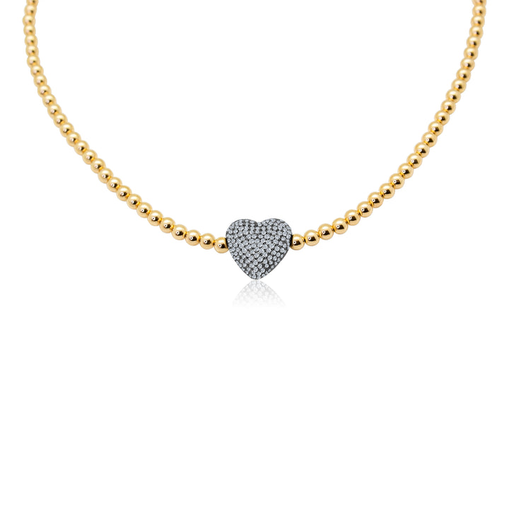 Gold Bead Necklace with Oversized Diamond Heart